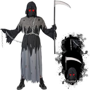 Lomesion Grim Reaper Halloween Costume with Glowing Red Eyes for Kids, Scythe Included(Gray)