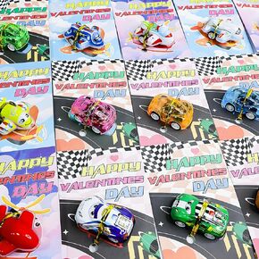 AMENON 28 Pack Valentines Day Gifts for Kids - Valentines Cards with Pull Back Car Toys - Party Favor Set
