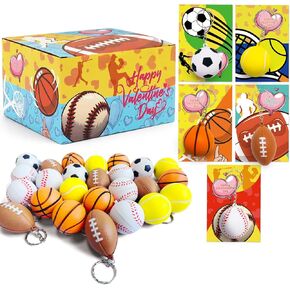 30PACK Valentines Day Gifts for Class - Sport Theme Valentine Cards with Football Baseball Soccer Basketball Tennis Stress Balls Keychain for Exchange, Party Favor Prizes, Valentine’s Greeting Gifts