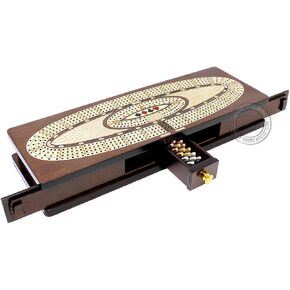 Continuous Cribbage Board/Box Inlaid in Wenge Wood/Maple : 4 Track - Sliding Lids, Drawer & Metal Pegs with Score Marking Fields for Skunks, Corners and Won Games
