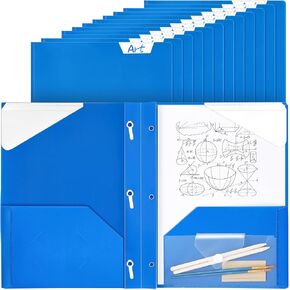 PerKoop 36 Pcs 2 Pocket Folder with Prongs Plastic Folders with Extra Pockets Heavy Duty Pocket Folders with Prongs Folders with Prongs Fasteners and Writable Label for Office Home (Blue, White)