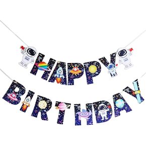Astronaut Happy Birthday Banner, Space-Themed Garland with Planets and Rockets Design, Kids Outer Space Birthday Decorations, Colorful Wall Hanging Letter Bunting for Children's Party Supplies