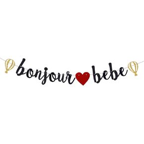 Bonjour Bebe Banner，Black Glitter French Theme Baby Shower Party Decor，Happy 1st Birthday Party Decorations Supplies. Already threaded.