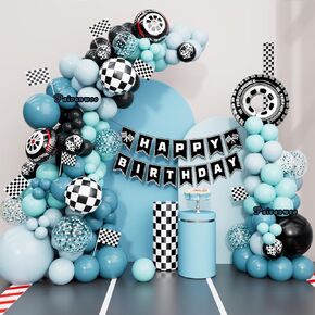 Race Car Balloon Garland Arch Kit 133Pcs Dusty Blue Black Balloons with Race Car Happy Birthday Banner Checkered Balloons Checkered Flag for Race Car Two Fast Birthday Party Decorations