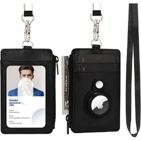2-in-1 Airtag Badge Holder & Slim Minimalist Front Pocket Wallet, PU Leather ID Badge Card Holder with Zipper Pocket & 1 Clear ID Window & 2 Credit Card Slot & 1 Lanyard