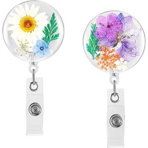 2Pcs Flower Badge Reel Floral Retractable ID Badge Holder for Medical Assistant Nursing Student Cute Dried Daisy Badge Reel with Alligator Clip for Nurse Doctor Teacher