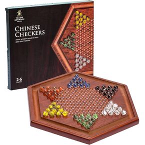 Yellow Mountain Imports Wooden Chinese Checkers Halma Board Game Set - 13.6-Inch - with 60 Colored Petal-Style Glass Marbles (16-Millimeter) - Classic Strategy Game