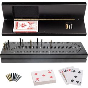 WE Games Wooden Cribbage Board Game Set with Storage, Black Stained Continuous 3 Track Card Game for 2-3 Players