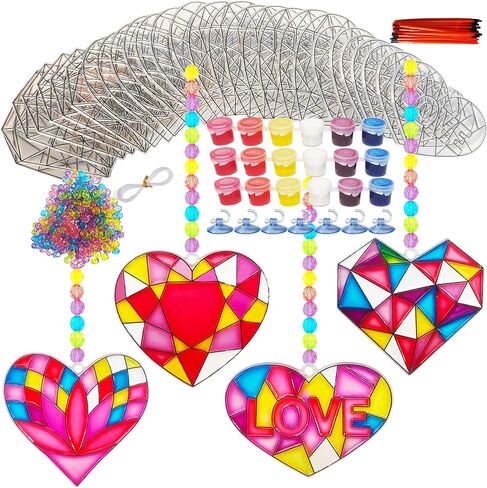 Ayhuhra 28 Sets Valentine's Suncatcher Craft Kit DIY Window Paint Art Suncatchers Heart Sun Catchers for Valentine's Day Art Craft Mother's Day Party Favors Gift Exchange in Kuwait