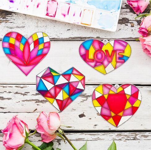 Ayhuhra 28 Sets Valentine's Suncatcher Craft Kit DIY Window Paint Art Suncatchers Heart Sun Catchers for Valentine's Day Art Craft Mother's Day Party Favors Gift Exchange in Kuwait
