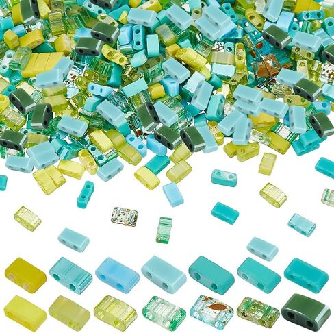 PH PandaHall 420pcs 14 Green Colors Half Tila Beads, 2-Hole Seed Beads Glass Spacer Beads Square Carrier Beads Flat Rectangular Beads for DIY Bracelets Necklace Earrings Jewelry Making, 4.5~5.5x2mm in Kuwait