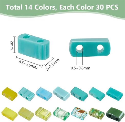 PH PandaHall 420pcs 14 Green Colors Half Tila Beads, 2-Hole Seed Beads Glass Spacer Beads Square Carrier Beads Flat Rectangular Beads for DIY Bracelets Necklace Earrings Jewelry Making, 4.5~5.5x2mm in Kuwait