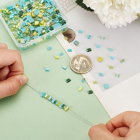 PH PandaHall 420pcs 14 Green Colors Half Tila Beads, 2-Hole Seed Beads Glass Spacer Beads Square Carrier Beads Flat Rectangular Beads for DIY Bracelets Necklace Earrings Jewelry Making, 4.5~5.5x2mm in Kuwait