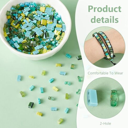 PH PandaHall 420pcs 14 Green Colors Half Tila Beads, 2-Hole Seed Beads Glass Spacer Beads Square Carrier Beads Flat Rectangular Beads for DIY Bracelets Necklace Earrings Jewelry Making, 4.5~5.5x2mm in Kuwait