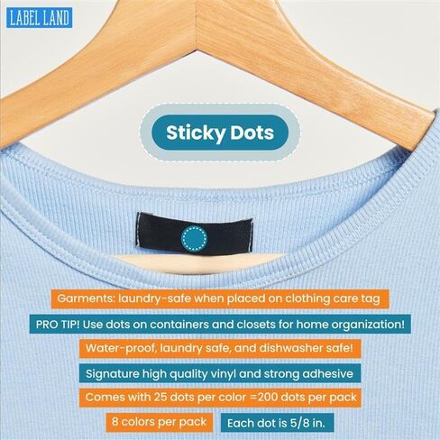 الحديد المشفر بالألوان على ملصقات النقطة - 200 ٪ ، 8 ألوان (25 كل لون) لتنظيم الملابس والغسيل ، ملصقات ملابس مستديرة للبالغين والأطفال ، غسالة ومجفف آمنة in Kuwait