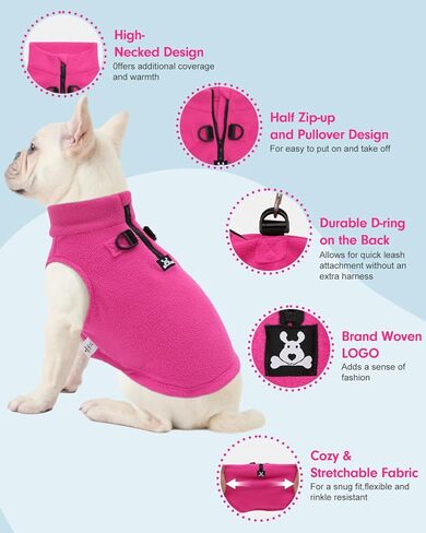 CuteBone Fleece Dog Sweaters Pink with Turtleneck, Half Zip-Up & Pullover Winter Vests Shirts for Small & Medium Dogs - Warm Thermal Jackets with D-Ring, Ideal for Cold Weather DZBX01M in Kuwait