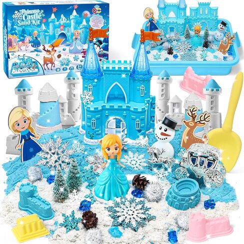 G.C Frozen Sensory Bin for Girl Kid Toy, Elsa Play Sand Art Kit with Sandbox/2lb Sand/Castle/Molds/Princess Figure, Winter Sensory Frozen Toy Christmas Birthday Gift for Girl Toddler Ages 3 4 5 6 7 8 in Saudi Arabia