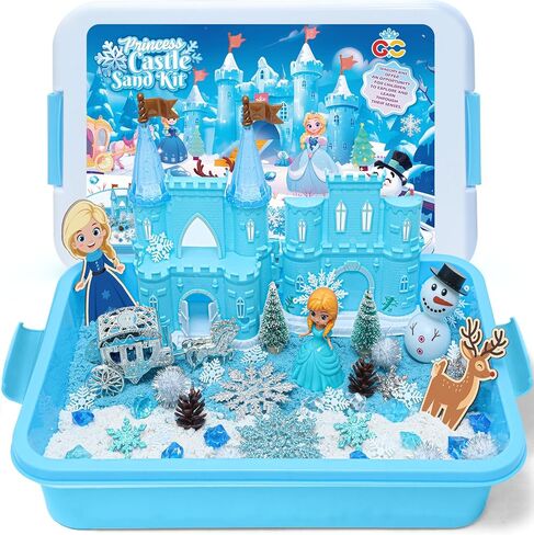 G.C Frozen Sensory Bin for Girl Kid Toy, Elsa Play Sand Art Kit with Sandbox/2lb Sand/Castle/Molds/Princess Figure, Winter Sensory Frozen Toy Christmas Birthday Gift for Girl Toddler Ages 3 4 5 6 7 8 in Saudi Arabia