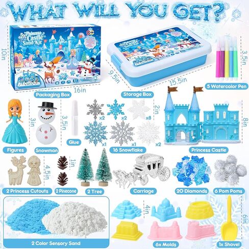 G.C Frozen Sensory Bin for Girl Kid Toy, Elsa Play Sand Art Kit with Sandbox/2lb Sand/Castle/Molds/Princess Figure, Winter Sensory Frozen Toy Christmas Birthday Gift for Girl Toddler Ages 3 4 5 6 7 8 in Saudi Arabia