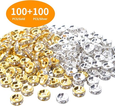 Rondelle Beads,200 Pieces Crystal Spacer Beads Loose Round Beads 8mm Gold and Silver for Jewelry Making in Kuwait