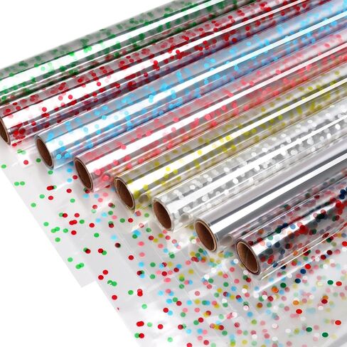 CMFYHM 8 Rolls clear Cellophane Wrap Roll (34 in x 16.4 ft x 8 Colors) Extra Wide Transparent Polka Dots Cellophane Wrapping for Gift Baskets,Flowers, DIY Craft,Baby Shower, Easter,Christmas in Kuwait