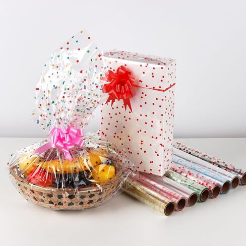CMFYHM 8 Rolls clear Cellophane Wrap Roll (34 in x 16.4 ft x 8 Colors) Extra Wide Transparent Polka Dots Cellophane Wrapping for Gift Baskets,Flowers, DIY Craft,Baby Shower, Easter,Christmas in Kuwait