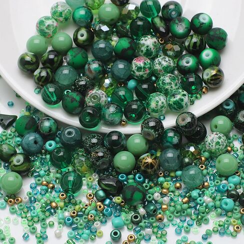 Mixed Colour Glass Crystal Beads，UHOMENY 8mm Round Spacer Beads Glass Beads Big Small Multiple Assorted Beads Charms for Jewelry Bracelet Necklace Key Chains Earring Making Crafts (Green) in Saudi Arabia