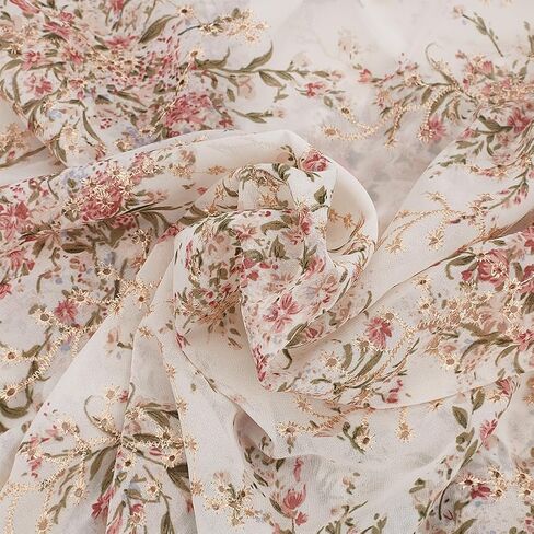 BENECREAT 2 Yards/1.8m Embroidered Eyelets Chiffon Fabric 60inch Rice White Flower Embroidery Fabric Floral Printing Trim for Sewing, DIY Clothing, Home Vintage Decor in Kuwait