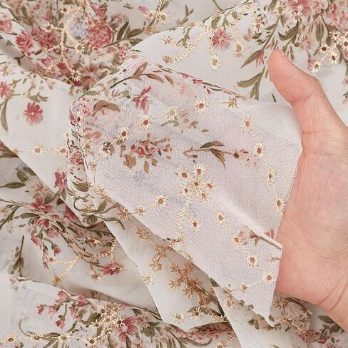 BENECREAT 2 Yards/1.8m Embroidered Eyelets Chiffon Fabric 60inch Rice White Flower Embroidery Fabric Floral Printing Trim for Sewing, DIY Clothing, Home Vintage Decor in Kuwait