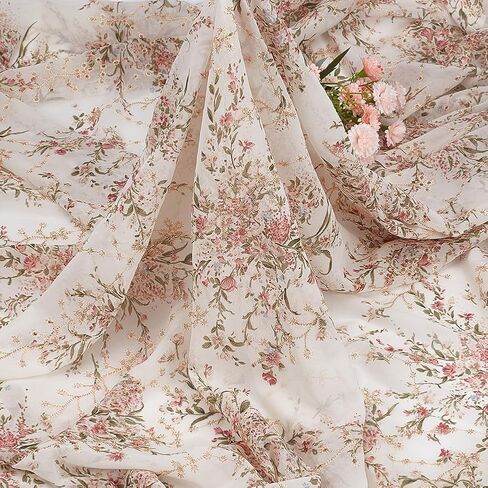 BENECREAT 2 Yards/1.8m Embroidered Eyelets Chiffon Fabric 60inch Rice White Flower Embroidery Fabric Floral Printing Trim for Sewing, DIY Clothing, Home Vintage Decor in Kuwait