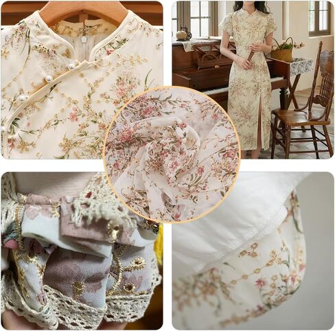 BENECREAT 2 Yards/1.8m Embroidered Eyelets Chiffon Fabric 60inch Rice White Flower Embroidery Fabric Floral Printing Trim for Sewing, DIY Clothing, Home Vintage Decor in Kuwait