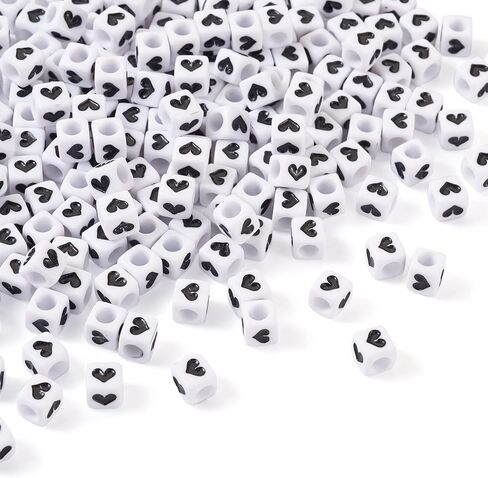 200Pcs 6mm Acrylic Heart Cube Beads Opaque White Black Love Heart Square Beads Cube Pony Beads Plastic Loose Spacer Craft Beads for DIY Bracelets Necklaces Lanyard Jewelry Making, Hole: 3.5mm in Saudi Arabia