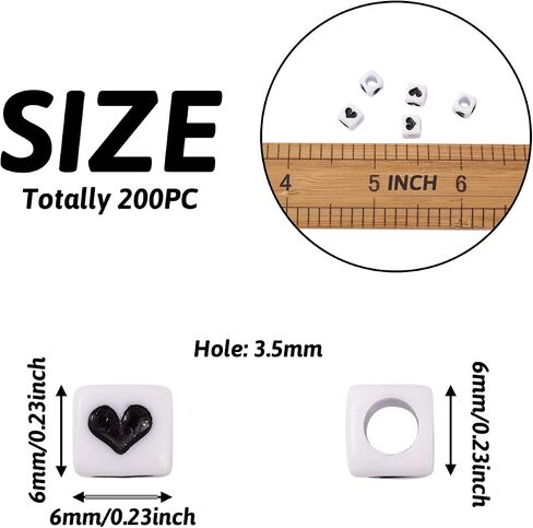 200Pcs 6mm Acrylic Heart Cube Beads Opaque White Black Love Heart Square Beads Cube Pony Beads Plastic Loose Spacer Craft Beads for DIY Bracelets Necklaces Lanyard Jewelry Making, Hole: 3.5mm in Saudi Arabia