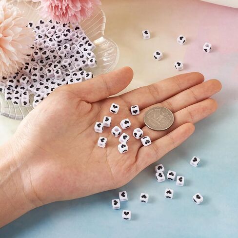 200Pcs 6mm Acrylic Heart Cube Beads Opaque White Black Love Heart Square Beads Cube Pony Beads Plastic Loose Spacer Craft Beads for DIY Bracelets Necklaces Lanyard Jewelry Making, Hole: 3.5mm in Saudi Arabia