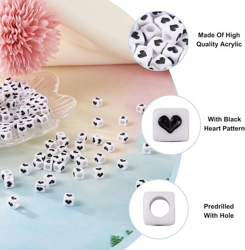 200Pcs 6mm Acrylic Heart Cube Beads Opaque White Black Love Heart Square Beads Cube Pony Beads Plastic Loose Spacer Craft Beads for DIY Bracelets Necklaces Lanyard Jewelry Making, Hole: 3.5mm in Saudi Arabia