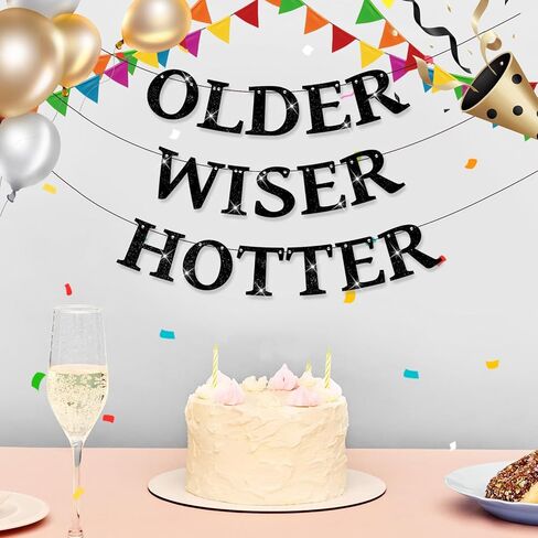 Set of 3 Pre-Strung Older Wiser Hotter Banner,No DIY Glitter Funny Happy Birthday Party Bannerfor Men Women, Glitter Birthday Party Decorations(Coffee) in Kuwait