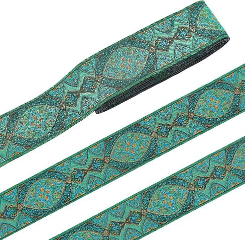 PH PandaHall 7.44 Yards Green Jacquard Ribbon Trim, 2 Inch Emobridered Woven Ribbon Ethnic Polyester Jacquard Flower Ribbon Boho Ribbon Lace Trim for Sewing, Handmade Bag, Clothing Decoration in Kuwait