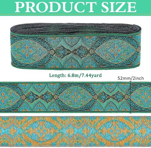 PH PandaHall 7.44 Yards Green Jacquard Ribbon Trim, 2 Inch Emobridered Woven Ribbon Ethnic Polyester Jacquard Flower Ribbon Boho Ribbon Lace Trim for Sewing, Handmade Bag, Clothing Decoration in Kuwait