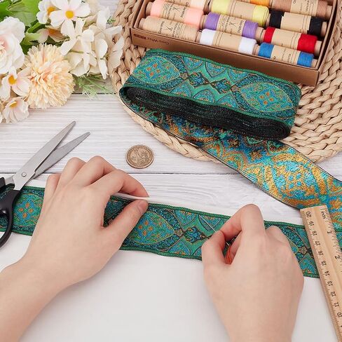 PH PandaHall 7.44 Yards Green Jacquard Ribbon Trim, 2 Inch Emobridered Woven Ribbon Ethnic Polyester Jacquard Flower Ribbon Boho Ribbon Lace Trim for Sewing, Handmade Bag, Clothing Decoration in Kuwait