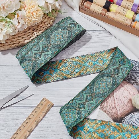 PH PandaHall 7.44 Yards Green Jacquard Ribbon Trim, 2 Inch Emobridered Woven Ribbon Ethnic Polyester Jacquard Flower Ribbon Boho Ribbon Lace Trim for Sewing, Handmade Bag, Clothing Decoration in Kuwait