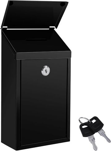 Metal Donation Box with Locking Suggestion Slot and Key - Wall Mounted Mailbox for Cash, Home Office, Outdoor (Black) in Saudi Arabia