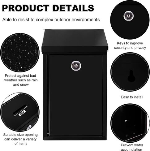 Metal Donation Box with Locking Suggestion Slot and Key - Wall Mounted Mailbox for Cash, Home Office, Outdoor (Black) in Saudi Arabia