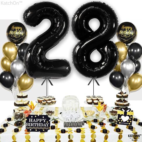 Katchon ، أسود 28 أرقام بالون - 40 بوصة | البالونات السوداء 28 عيد ميلاد ، ديكور عيد ميلاد 28 للرجال ، النساء | 28 بالونات رقم | البالونات 28 عيد ميلاد لمدة 28 ديكور عيد ميلاد in Kuwait