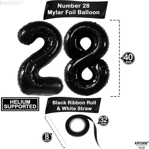 Katchon ، أسود 28 أرقام بالون - 40 بوصة | البالونات السوداء 28 عيد ميلاد ، ديكور عيد ميلاد 28 للرجال ، النساء | 28 بالونات رقم | البالونات 28 عيد ميلاد لمدة 28 ديكور عيد ميلاد in Kuwait