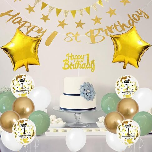 2nd Birthday Decoration for Boys Girls, Sage Green White Gold 2nd Birthday Balloons with Number 2 Balloon Happy 2nd Birthday Banner Cake Toppers Triangle Flag for 2 Year Old Birthday party Decoration in Saudi Arabia