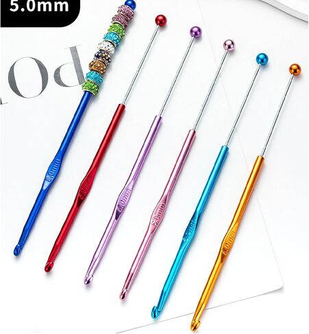 6 Pack DIY Beadable Crochet Hooks Knitting Needles Set Aluminum Handle for Focal Beads Colors (Blue Purple Red Orange Pink Light Blue, 5 mm) in Saudi Arabia