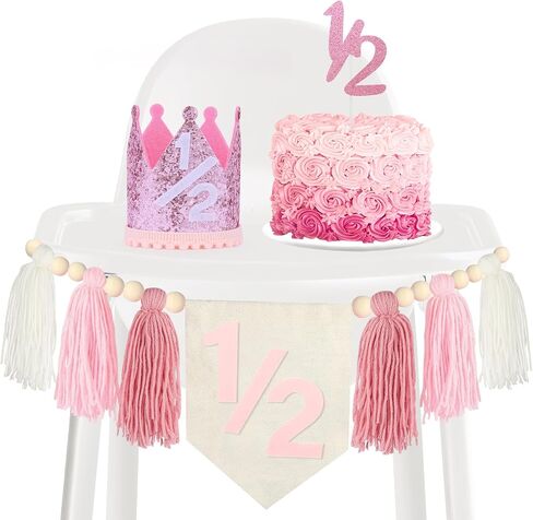 Half Birthday Decoration Baby Girl, Dokuna High Chair Banner 1/2 Birthday Crown Cake Topper, Half Way to One Birthday Party Decorations in Saudi Arabia