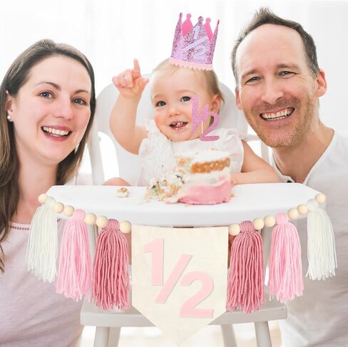 Half Birthday Decoration Baby Girl, Dokuna High Chair Banner 1/2 Birthday Crown Cake Topper, Half Way to One Birthday Party Decorations in Saudi Arabia