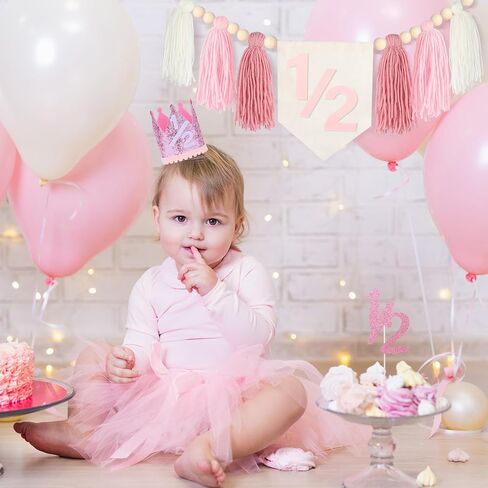 Half Birthday Decoration Baby Girl, Dokuna High Chair Banner 1/2 Birthday Crown Cake Topper, Half Way to One Birthday Party Decorations in Saudi Arabia