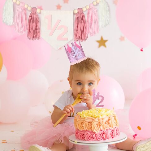 Half Birthday Decoration Baby Girl, Dokuna High Chair Banner 1/2 Birthday Crown Cake Topper, Half Way to One Birthday Party Decorations in Saudi Arabia